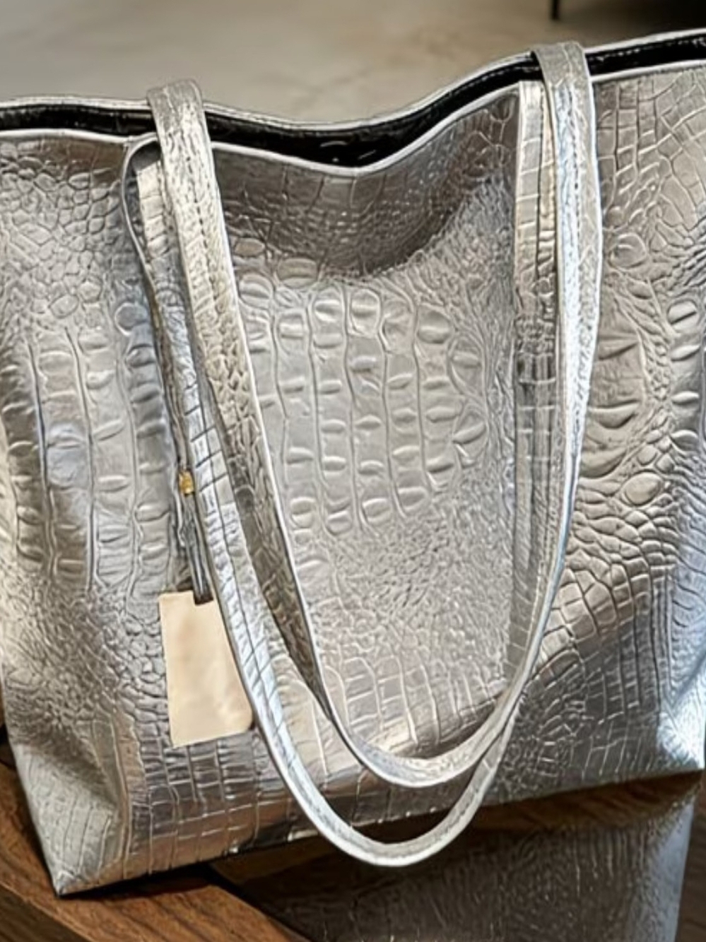 Croc-Embossed Metallic Tote Bag - Silver Shoulder Tote